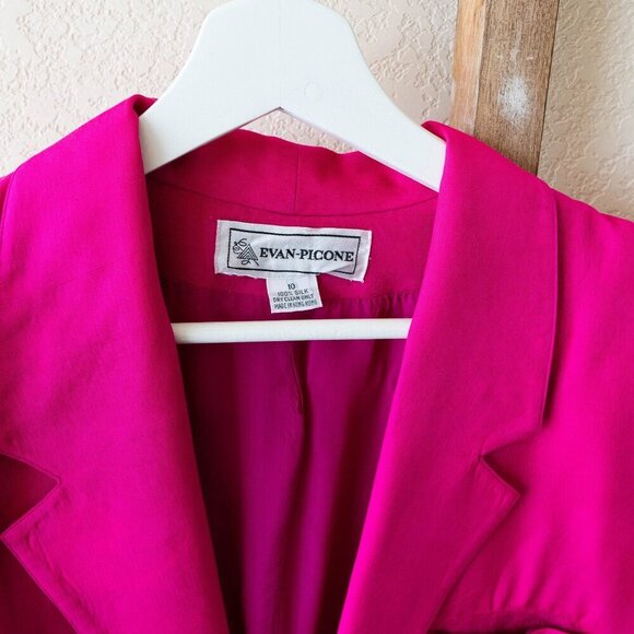 EVAN PICONE VINTAGE 100% SILK OPEN FRONT POCKETED BLAZER HOT PINK SZ 10 - Picture 2 of 7